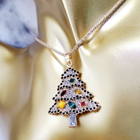 Gold-plated multicolored crystal Christmas tree pendant necklace - Picture 6 of 12